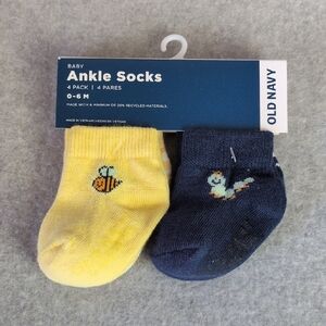 Old Navy Ankle Socks 4 Pack Yellow Blue Striped Bee Caterpillar Baby 0-6M NWT